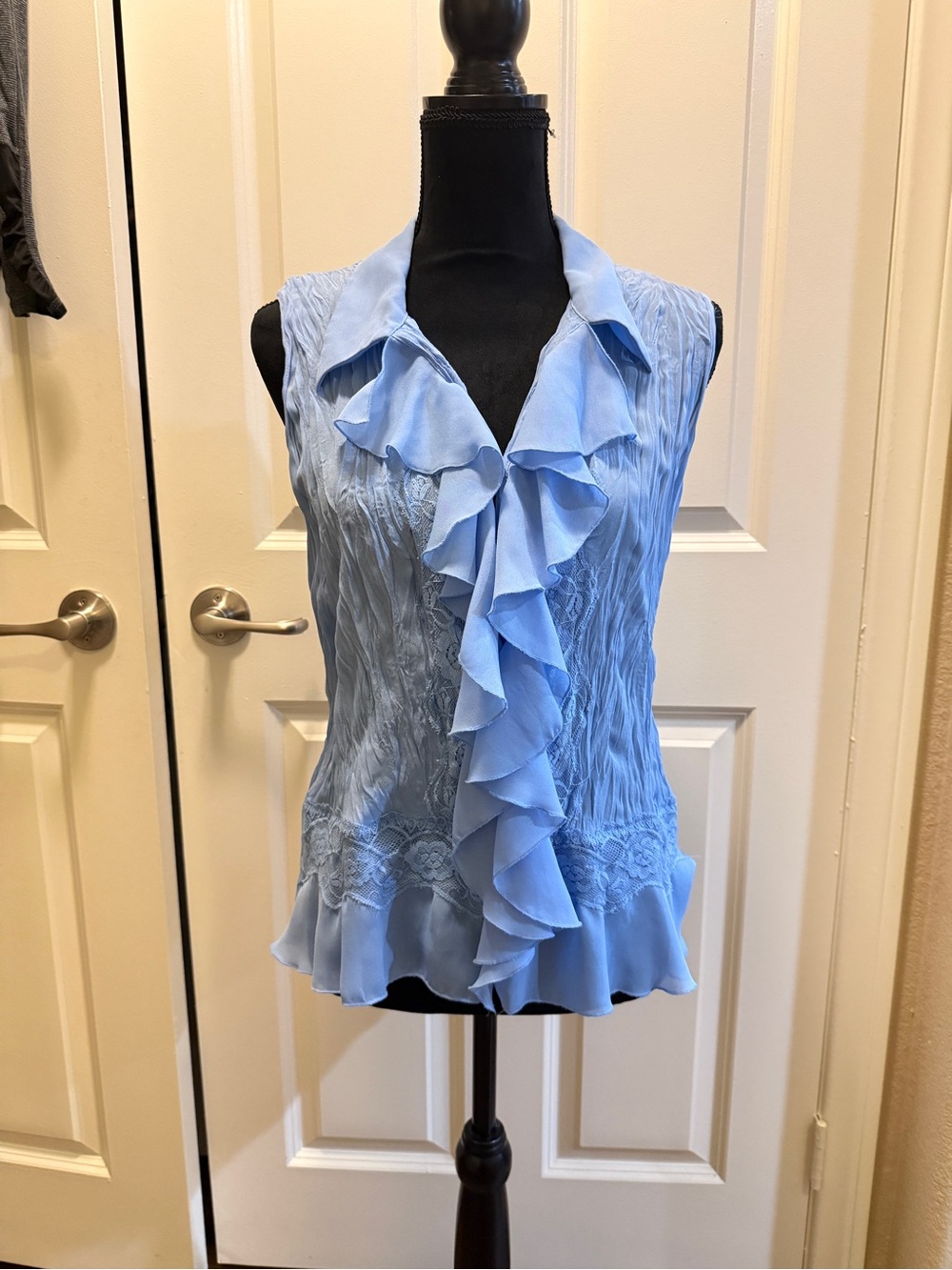Allison Taylor Light Blue Ruffle Front Sleeveless Top
